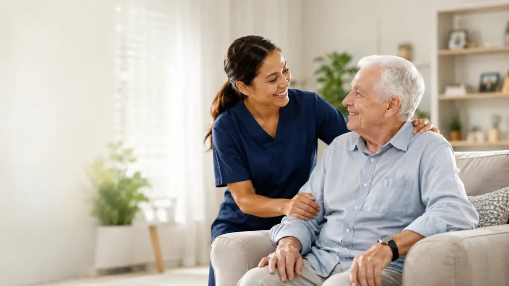 Caregiver from Devoted Caregivers smiling with a senior man at home in South Florida